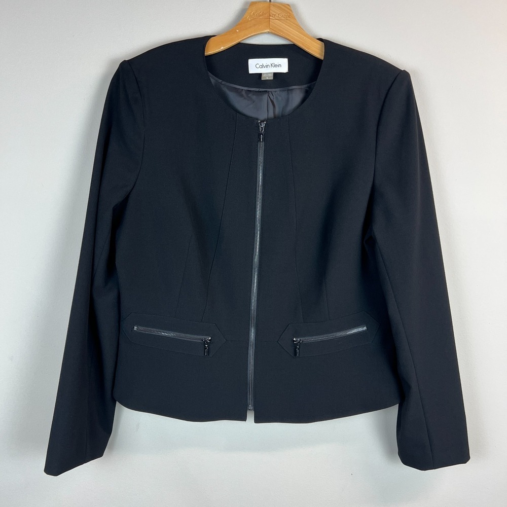 Calvin Klein Blazer Jacket Womens 16 Black Peplum Full Zip Career Professional
